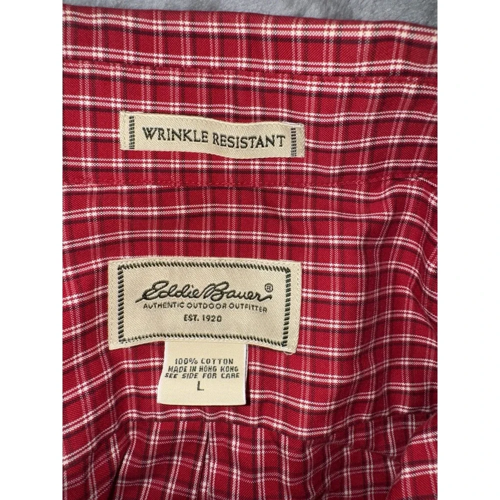 Eddie Bauer‎ Mens Shirt L Red Plaid Wrinkle Resistant Button Down Chest Pocket